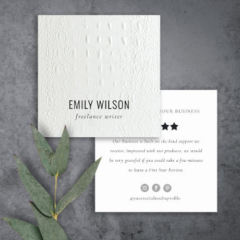 Classy Ivory White Leather Texture Review Request Square Business Card by DearBrand at Zazzle