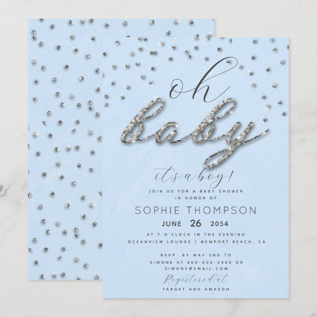 Classy Jewel Blue Sparkle Glitter Boy Baby Shower Invitation (Front/Back)
