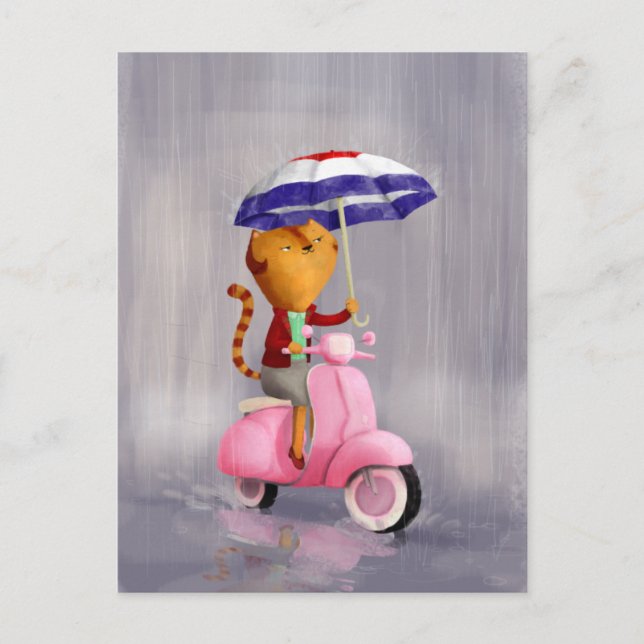 Classy Kitty Cat on pink scooter Postcard (Front)
