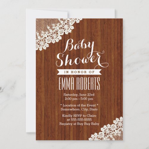 Classy Lace Corner Wood Baby Shower Invitations 5" X 7" Invitation Card