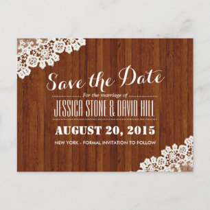 Classy Lace Corner Wood Background Save the Date Announcement Postcard