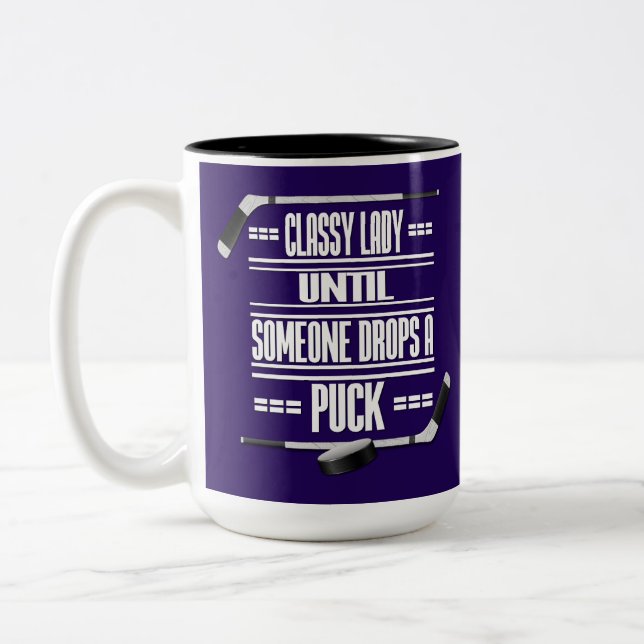 Classy Lady Hockey Humor Purple Two-Tone Coffee Mug (Left)