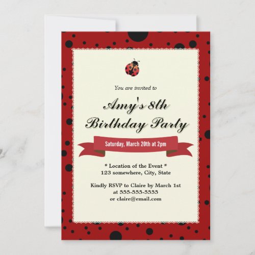 Classy Ladybug Black  Red Birthday Invitations