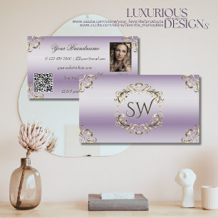 Classy Lavender Gold Ornate Monogram Photo QR Code Business Card