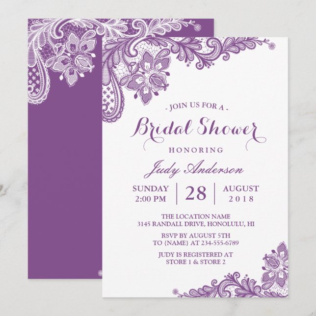 Classy Lavender Purple Modern Lace Bridal Shower Invitation (Front/Back)