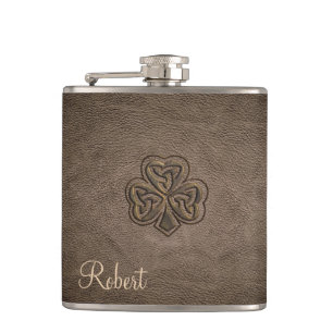 Classy leather lucky shamrock personalized flask