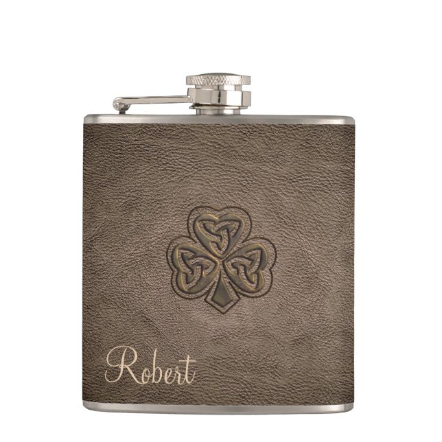 Classy leather lucky shamrock personalized flask (Front)