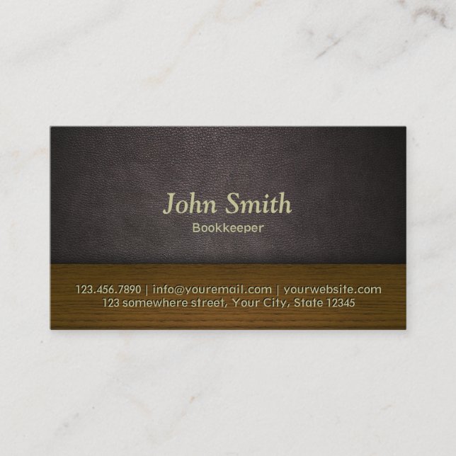 Classy Leather & Wood Bookkeeper Business Card (Front)