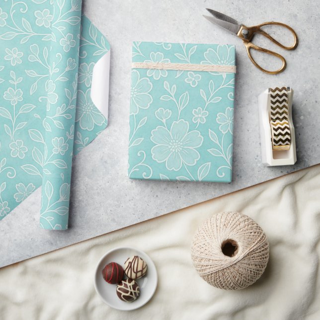 Classy Leaves Floral Art Pattern On Aqua Blue Wrapping Paper (Crafts)
