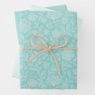 Classy Leaves Floral Art Pattern On Aqua Blue Wrapping Paper Sheets