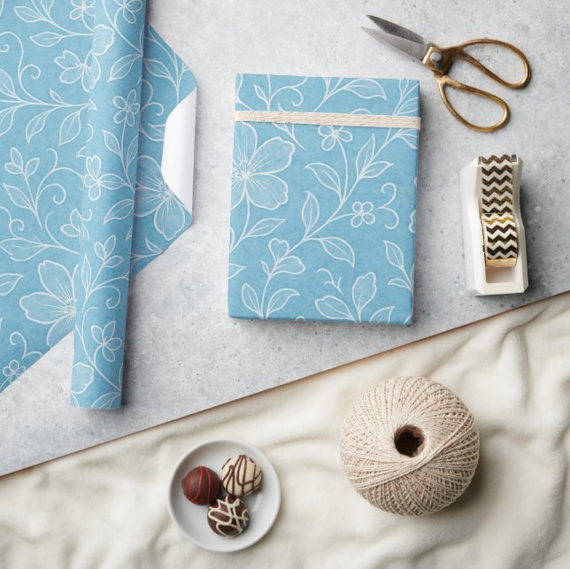 Classy Leaves Floral Art Pattern On Azure Blue Wrapping Paper (Crafts)