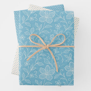 Classy Leaves Floral Art Pattern On Azure Blue Wrapping Paper Sheets
