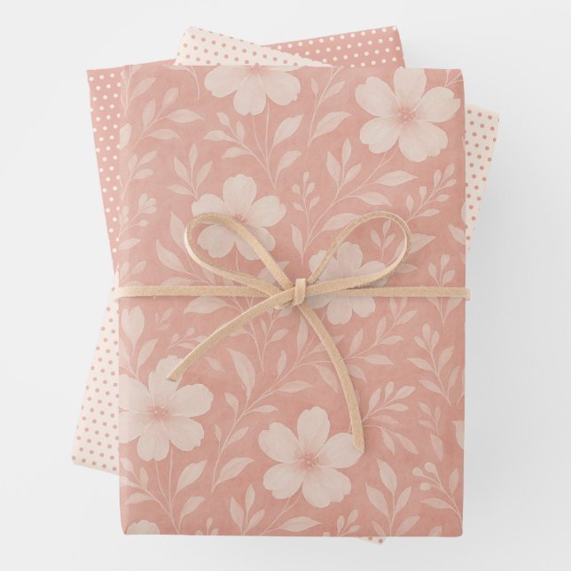 Classy Leaves Floral Art Pattern On Blush Pink Wrapping Paper Sheets (In situ)