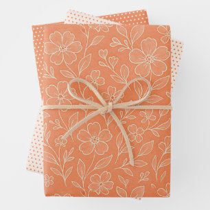 Classy Leaves Floral Art Pattern On Coral Orange Wrapping Paper Sheets