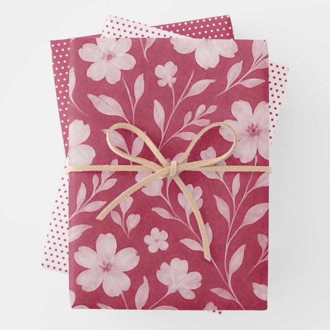 Classy Leaves Floral Art Pattern On Dark Pink Wrapping Paper Sheets (In situ)