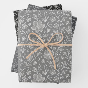 Classy Leaves Floral Art Pattern On Gray And Black Wrapping Paper Sheets