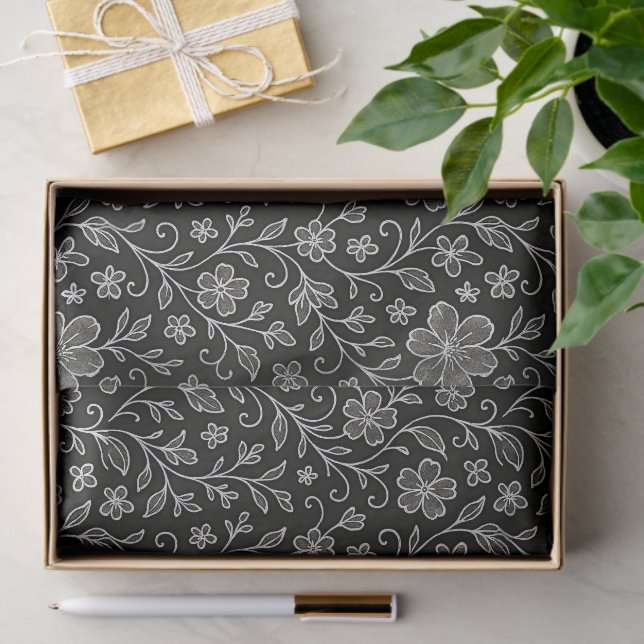 Classy Leaves Floral Art Pattern On Gray Black Tissue Paper (Gift)