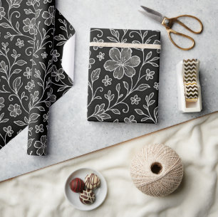 Classy Leaves Floral Art Pattern On Gray Black Wrapping Paper