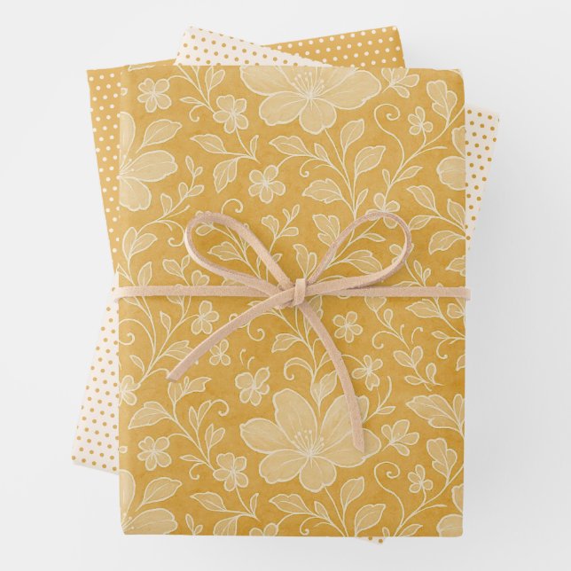 Classy Leaves Floral Art Pattern On Ochre Yellow Wrapping Paper Sheets (In situ)