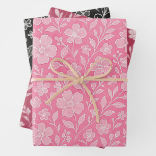 Classy Leaves Floral Art Pattern On Red Black Pink Wrapping Paper Sheets