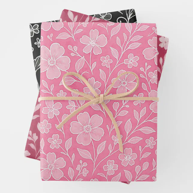 Classy Leaves Floral Art Pattern On Red Black Pink Wrapping Paper ...
