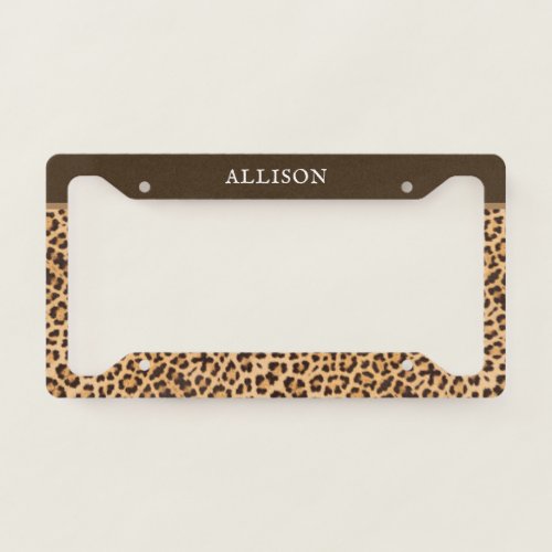 Classy Leopard Print Black Brown Personalized License Plate Frame