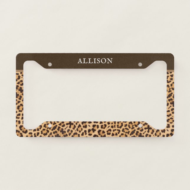 Classy Leopard Print Black Brown Personalized License Plate Frame (Front)
