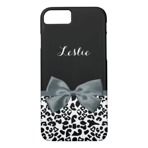 Classy Leopard Print With Name and Pretty Gray Bow iPhone 87 Case