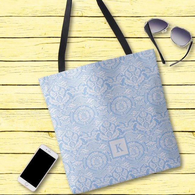 Classy Light Blue Damask Pattern Monogram Tote Bag (Creator Uploaded)