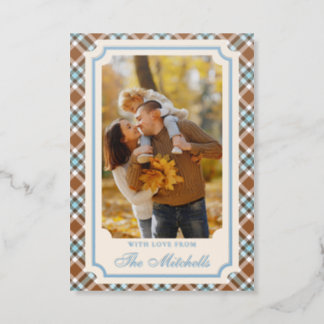 Classy Light Blue Dark Brown Plaid Pattern Holiday Letterpress Photo Cards