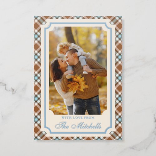 Classy Light Blue Dark Brown Plaid Pattern Holiday Letterpress Photo Cards