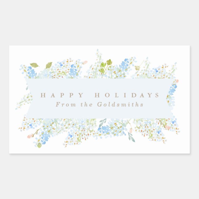 Classy Light Blue Floral Happy Holidays Custom Rectangular Sticker (Front)