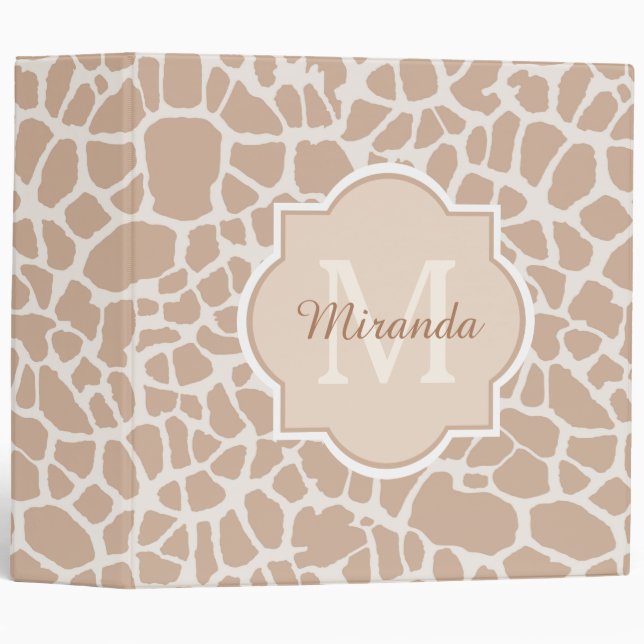 Classy Light Brown Giraffe Print Monogram and Name 3 Ring Binder (Front/Spine)