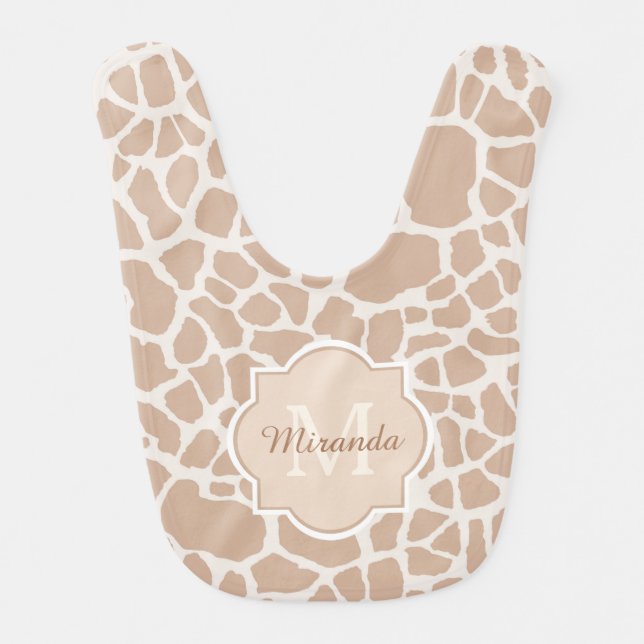 Classy Light Brown Giraffe Print Monogram and Name Baby Bib (Front)
