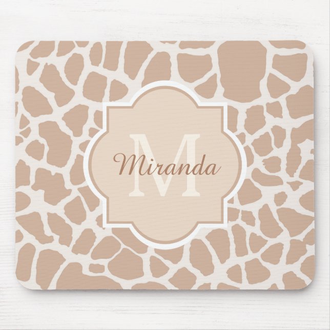 Classy Light Brown Giraffe Print Monogram and Name Mouse Pad (Front)