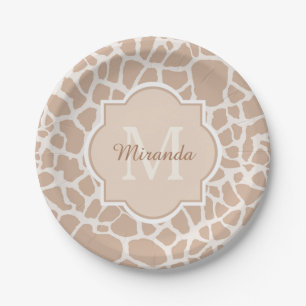 Classy Light Brown Giraffe Print Monogram and Name Paper Plates