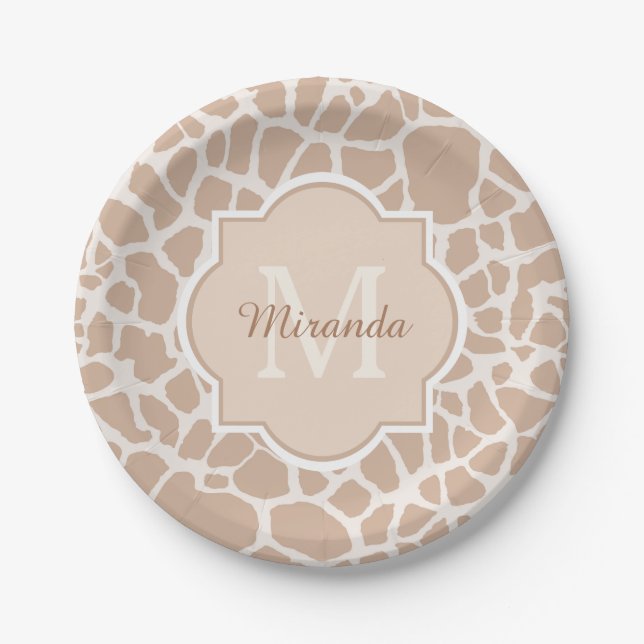 Classy Light Brown Giraffe Print Monogram and Name Paper Plates (Front)