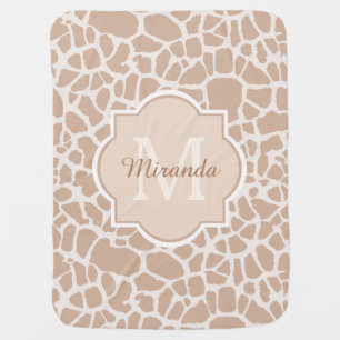 Classy Light Brown Giraffe Print Monogram and Name Receiving Blanket