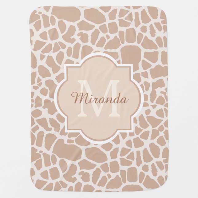 Classy Light Brown Giraffe Print Monogram and Name Receiving Blanket (Front)