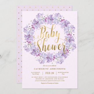 Light Purple Gold Floral Wreath Baby Shower Invitation
