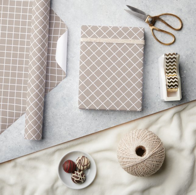 Classy Light Taupe Gray Brown White Check Pattern Wrapping Paper (Crafts)