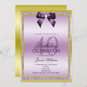Classy Lilac Bow & Sparkly Glitter 40th Birthday Invitation