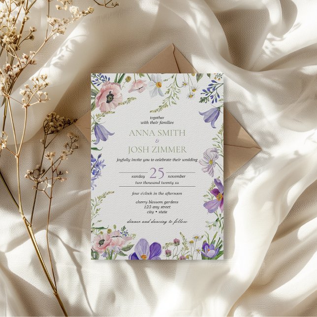 Classy Lilac Lavender Wildflowers Elegant Wedding Invitation (classy wildflowers elegant chic rustic wedding invitation with floral details)