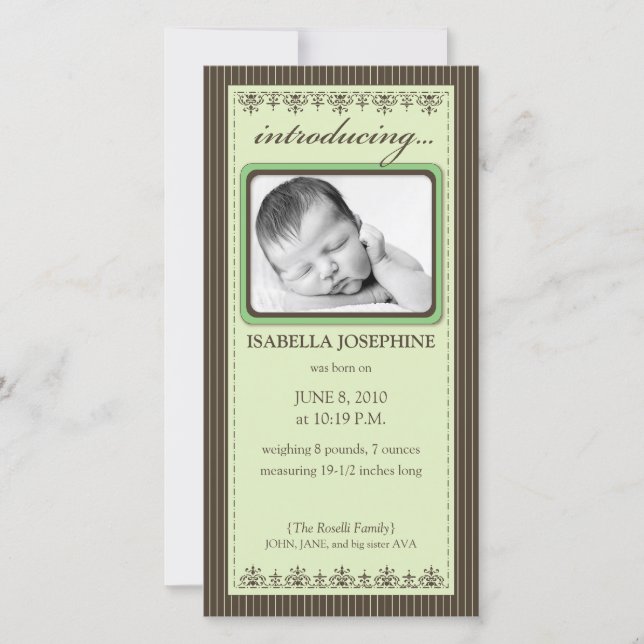 Classy Lime Green Customized Birth Announcement (Front)