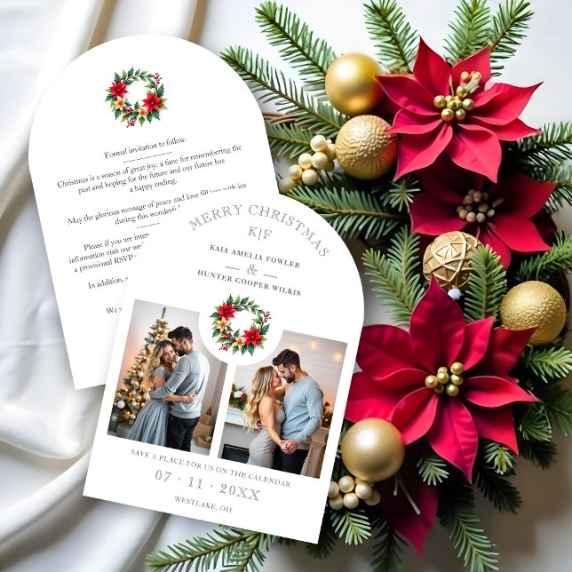 Classy Lovely Christmas Wedding Floral Wreath Save The Date (Classy Lovely Christmas Wedding Floral Wreath with Poinsettias 2 Photos Save the Dates Cards.)