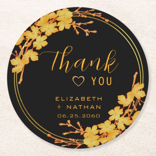 Classy Luxury Black Gold Floral Wedding Thank You Round Paper Coaster