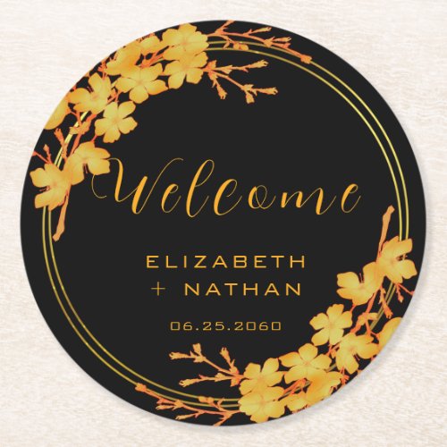 Classy Luxury Black  Gold Floral Wedding Welcome Round Paper Coaster