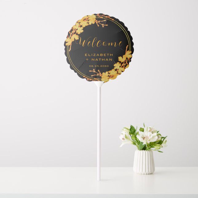 Classy Luxury Black Gold Floral Welcome Balloon (In SItu)