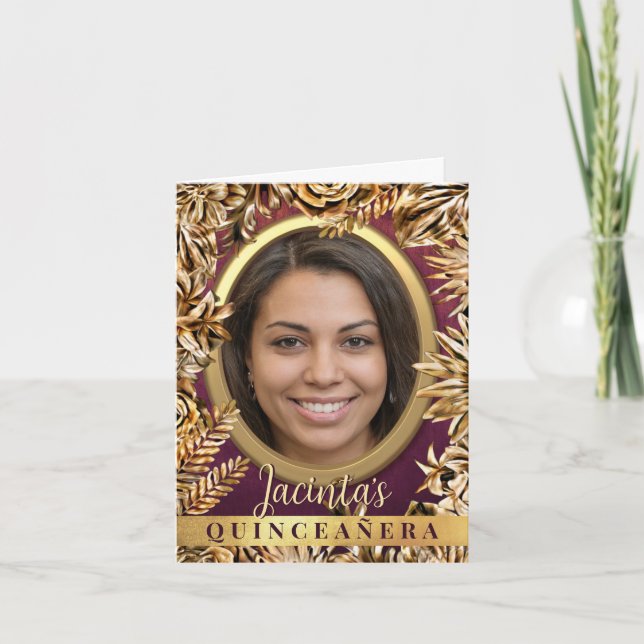 Classy Luxury Gold Floral Custom Photo Quinceañera Invitation (Front)