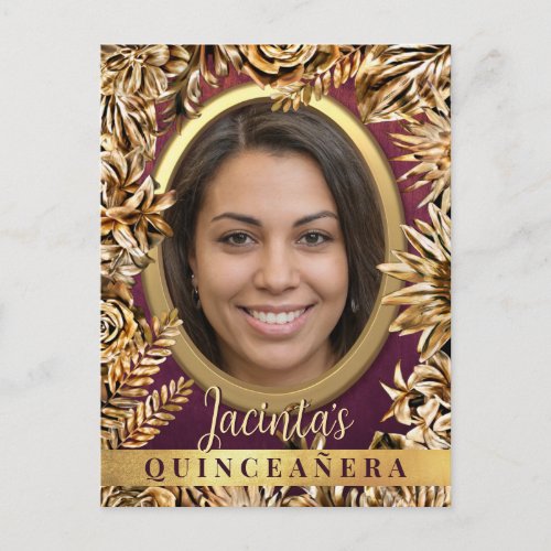 Classy Luxury Gold Floral Custom Photo Quinceaera Invitation Postcard